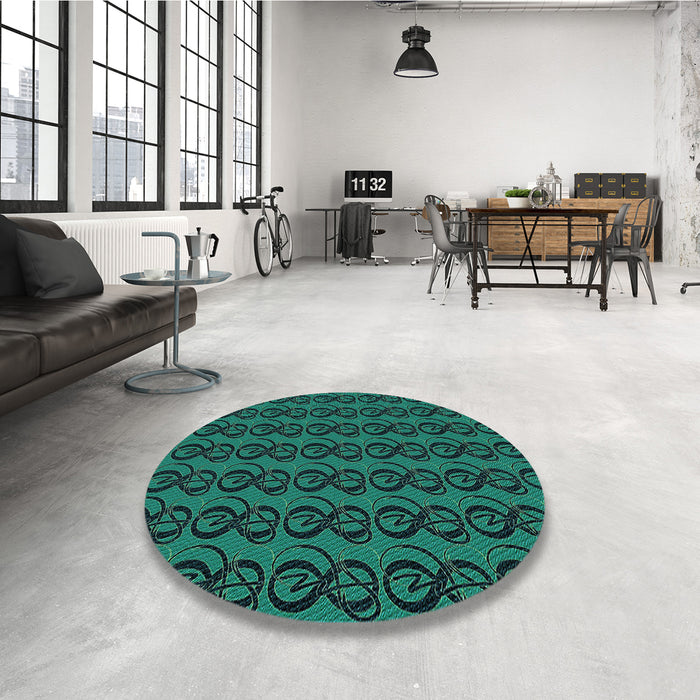 Round Patterned Deep Teal Green Rug in a Office, pat26lblu