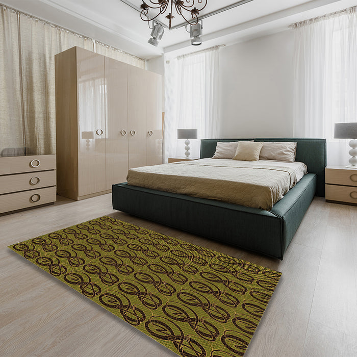 Patterned Dark Yellow Green Rug in a Bedroom, pat26org
