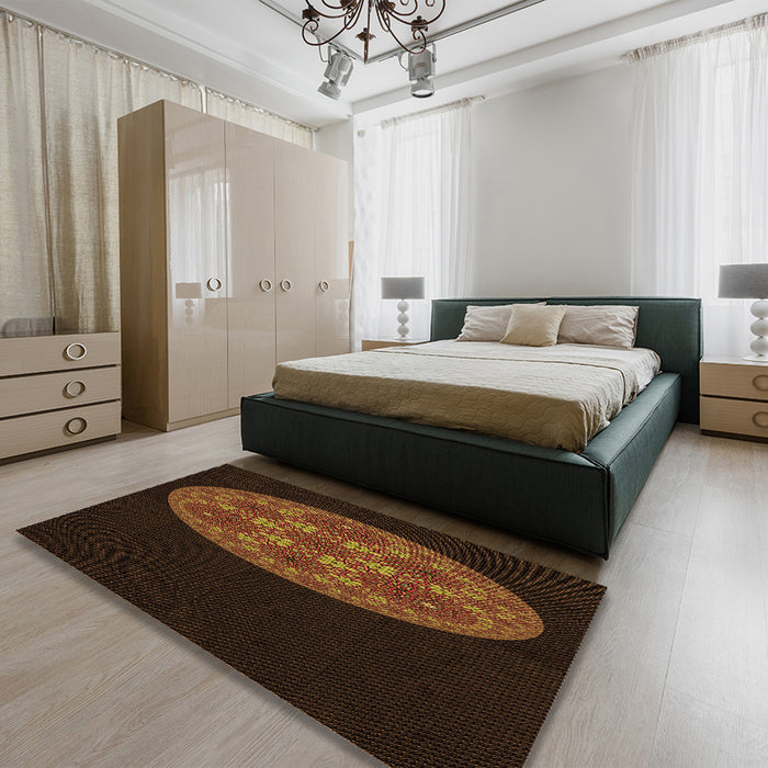 Patterned Saddle Brown Rug in a Bedroom, pat260org