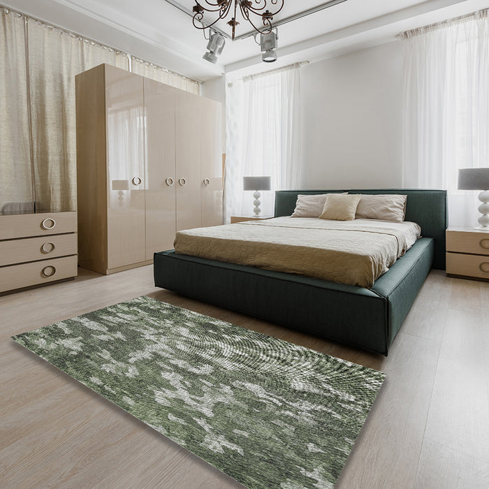 Patterned Sage Green Novelty Rug in a Bedroom, pat2600