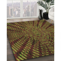 Patterned Dark Yellow Green Rug, pat2604brn