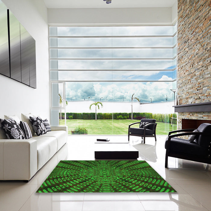 Square Patterned Dark Forest Green Rug in a Living Room, pat2604grn