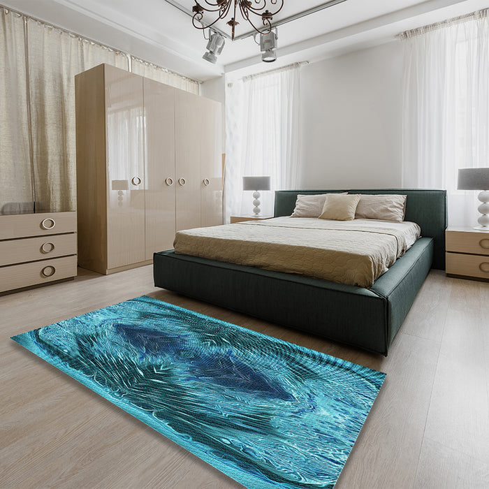 Patterned Bright Turquoise Blue Rug in a Bedroom, pat2606lblu