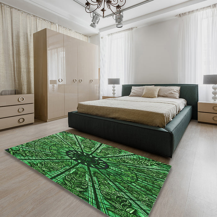 Patterned Dark Forest Green Rug in a Bedroom, pat2612grn