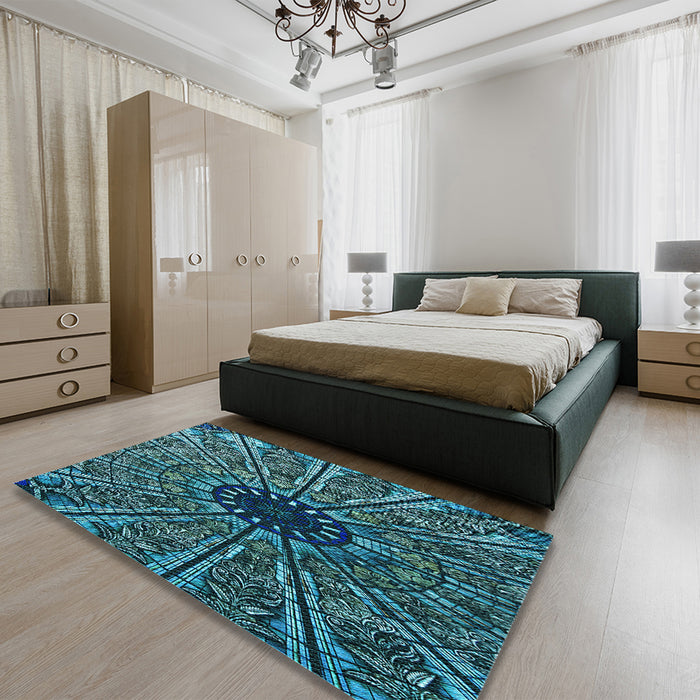 Round Machine Washable Transitional Deep Teal Green Rug in a Office, wshpat2612lblu