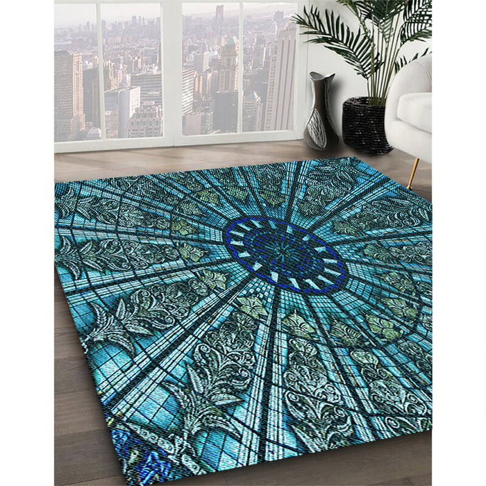 Patterned Deep Teal Green Rug in Family Room, pat2612lblu