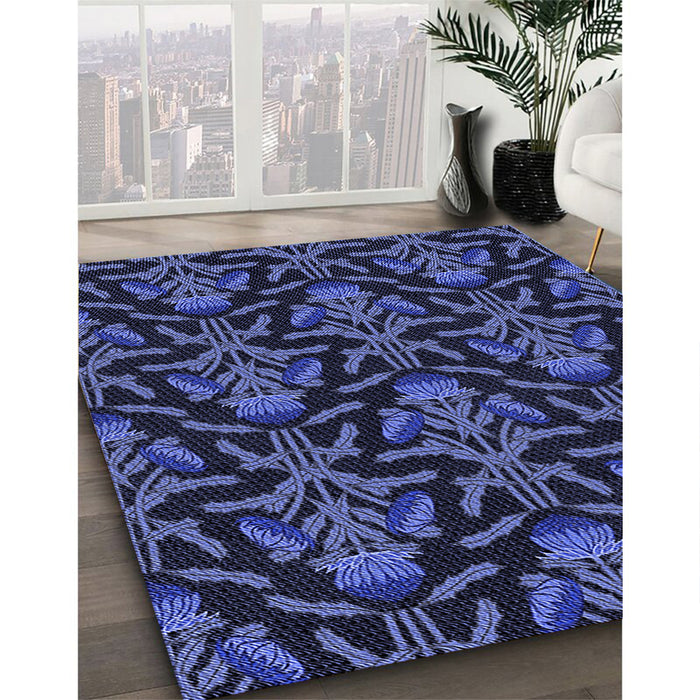 Patterned Night Blue Rug in Family Room, pat2618blu