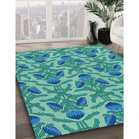 Patterned Dark Cyan Green Rug, pat2619lblu