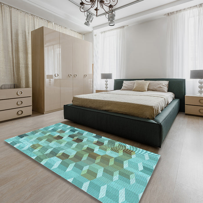 Patterned Sea Green Rug in a Bedroom, pat262lblu