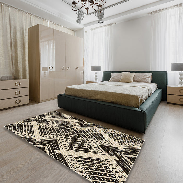 Patterned Khaki Gold Rug in a Bedroom, pat2622brn
