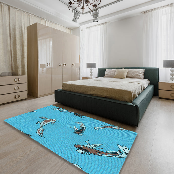 Patterned Dark Turquoise Green Rug in a Bedroom, pat2627lblu