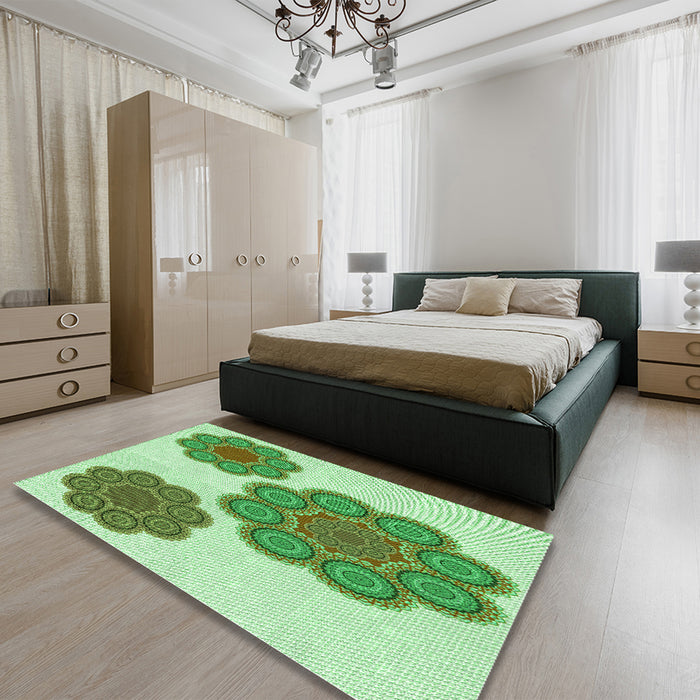 Patterned Green Rug in a Bedroom, pat2637grn