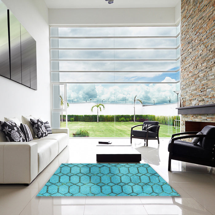 Square Patterned Bright Turquoise Blue Rug in a Living Room, pat2641lblu