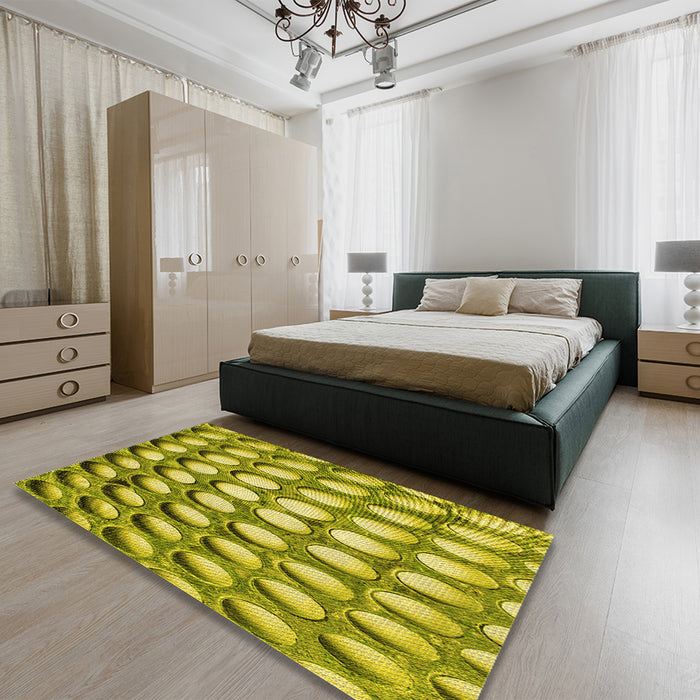 Patterned Olive Green Rug in a Bedroom, pat2642yw