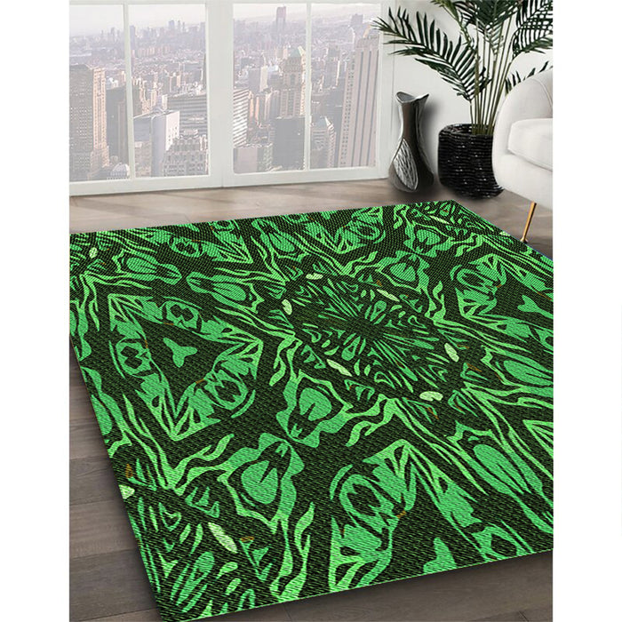 Patterned Dark Forest Green Rug in Family Room, pat2643grn