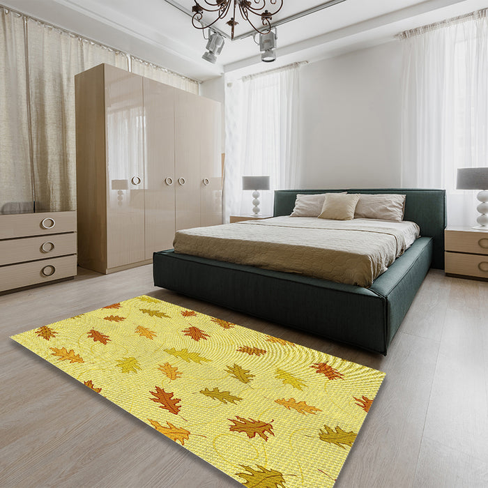 Patterned Yellow Rug in a Bedroom, pat2653yw