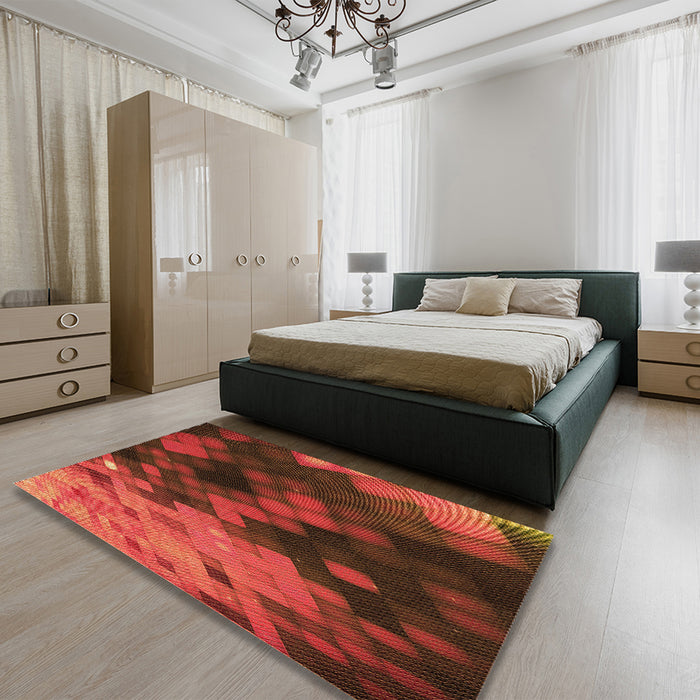 Patterned Mahogany Brown Rug in a Bedroom, pat2656org