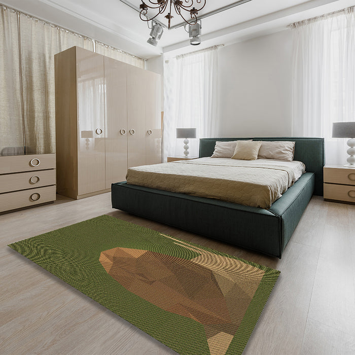 Patterned Dark Yellow Green Rug in a Bedroom, pat266brn
