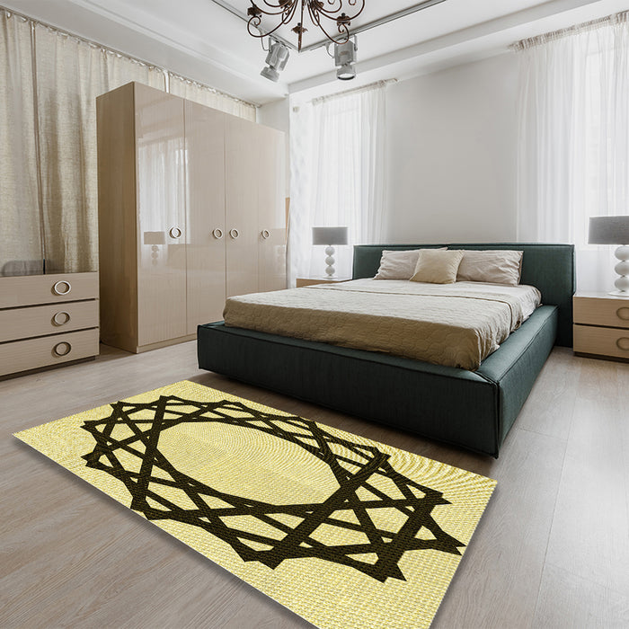 Round Machine Washable Transitional Mustard Yellow Rug in a Office, wshpat2662yw