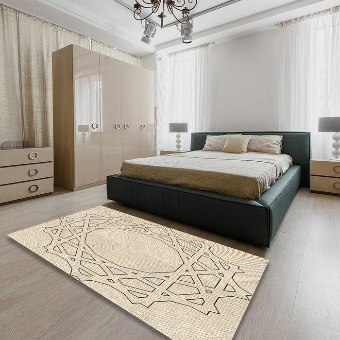Patterned Moccasin Beige Rug in a Bedroom, pat2663brn