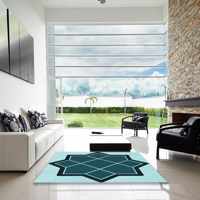Machine Washable Transitional Medium Teal Green Rug in a Kitchen, wshpat2664lblu