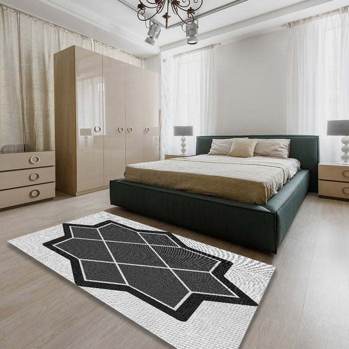 Patterned Charcoal Black Novelty Rug in a Bedroom, pat2664