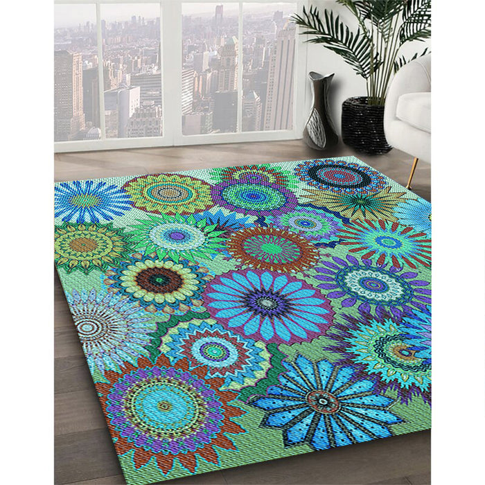 Patterned Turquoise Green Rug in Family Room, pat2665lblu