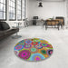 Round Machine Washable Transitional Dark Raspberry Purple Rug in a Office, wshpat2665