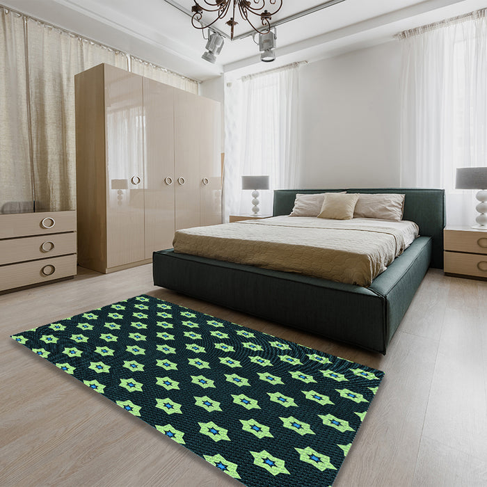 Patterned Black Rug in a Bedroom, pat2671lblu