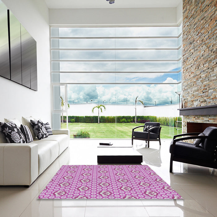Square Patterned Magenta Pink Novelty Rug in a Living Room, pat2672