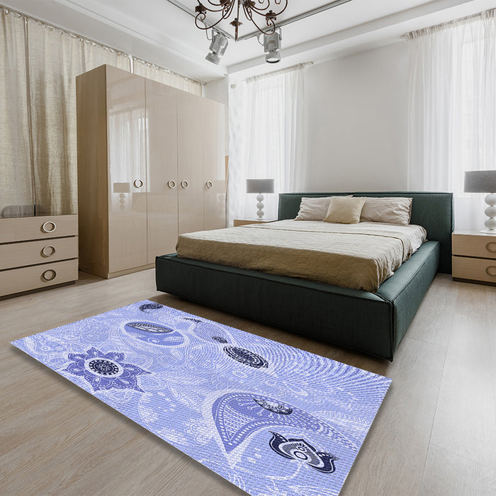 Patterned Blue Rug in a Bedroom, pat2674blu