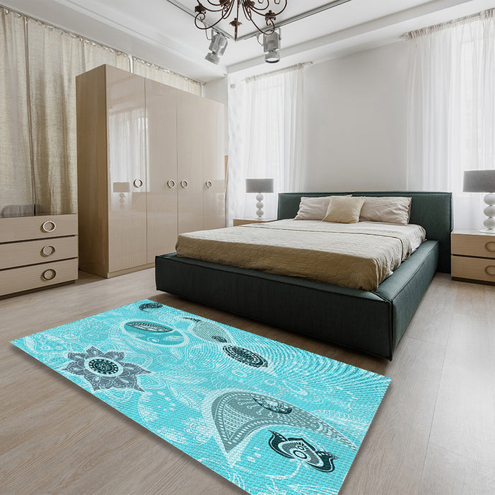 Patterned Blue Turquoise Green Rug in a Bedroom, pat2674lblu