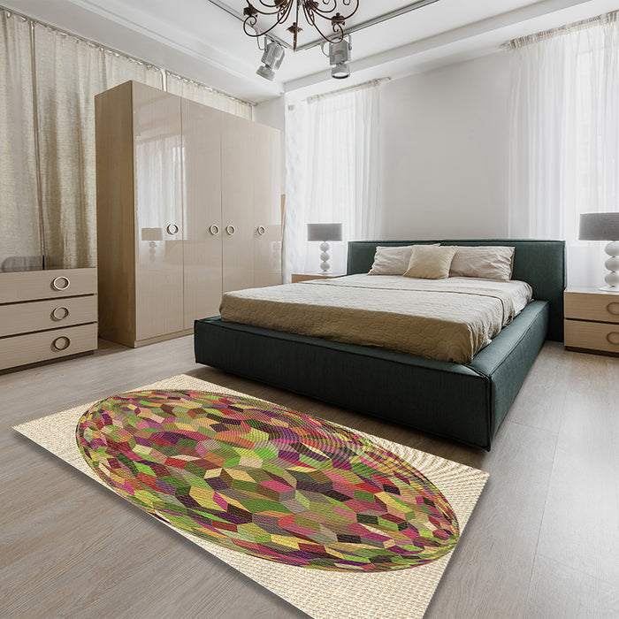 Patterned Brown Red Rug in a Bedroom, pat2675brn