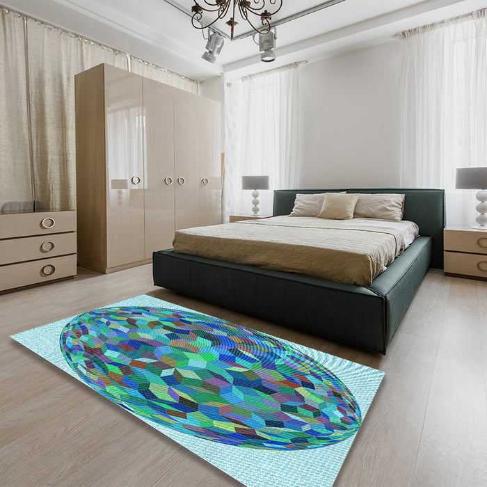 Patterned Turquoise Green Rug in a Bedroom, pat2675lblu
