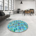 Round Patterned Deep-Sea Green Rug in a Office, pat2676lblu