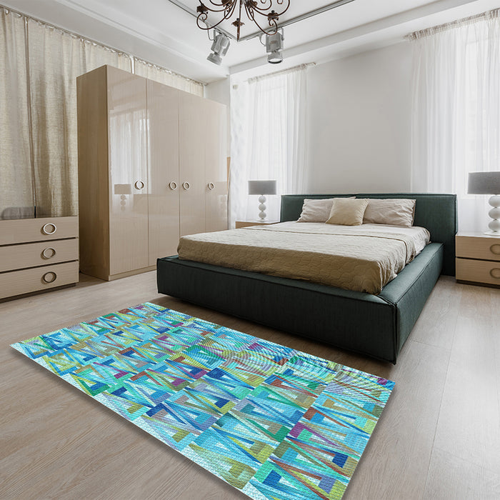 Patterned Deep-Sea Green Rug in a Bedroom, pat2676lblu