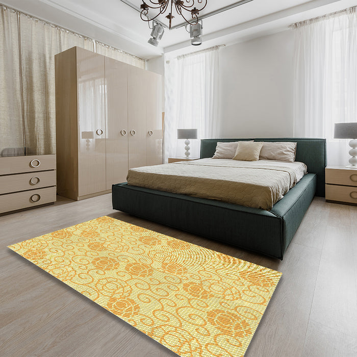Round Machine Washable Transitional Mustard Yellow Rug in a Office, wshpat2677yw