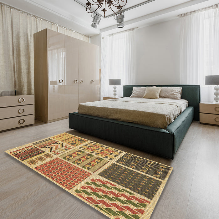 Patterned Saddle Brown Rug in a Bedroom, pat2678brn