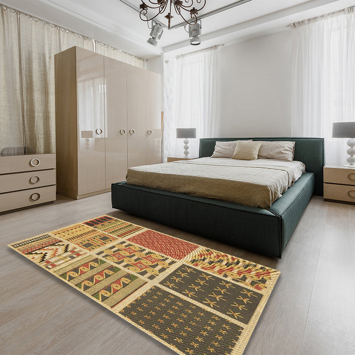 Patterned Yellow Rug in a Bedroom, pat2679brn