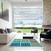 Square Patterned Turquoise Green Rug in a Living Room, pat2679lblu