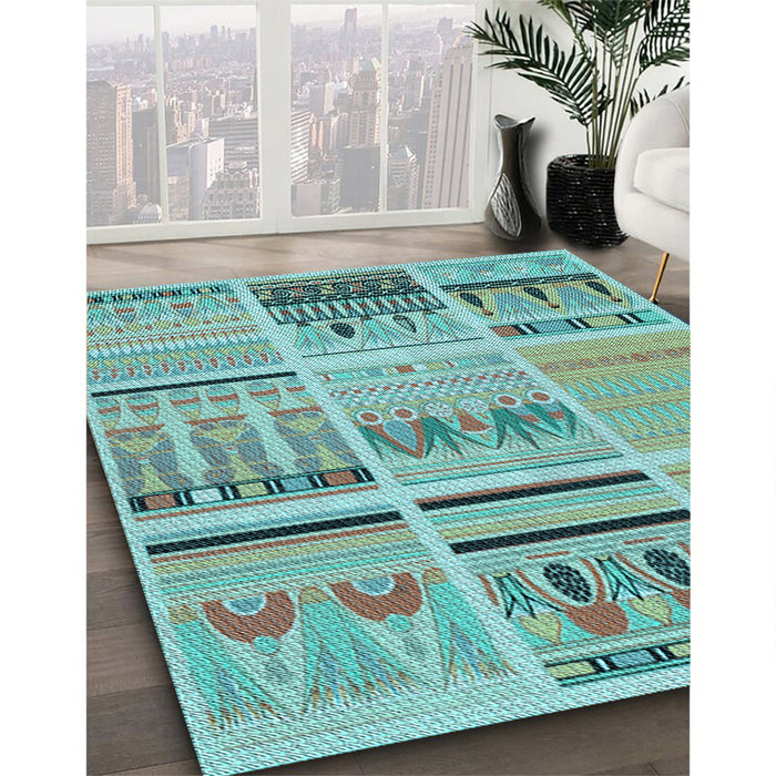 Patterned Dull-Sea Green Rug in Family Room, pat2680lblu