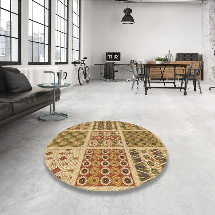 Round Patterned Yellow Orange Rug in a Office, pat2681brn