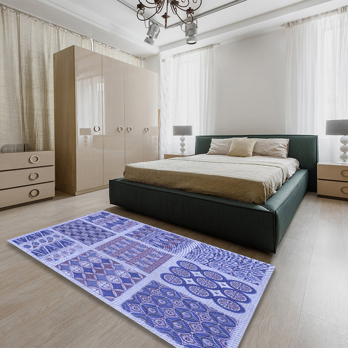 Round Machine Washable Transitional Jeans Blue Rug in a Office, wshpat2684blu