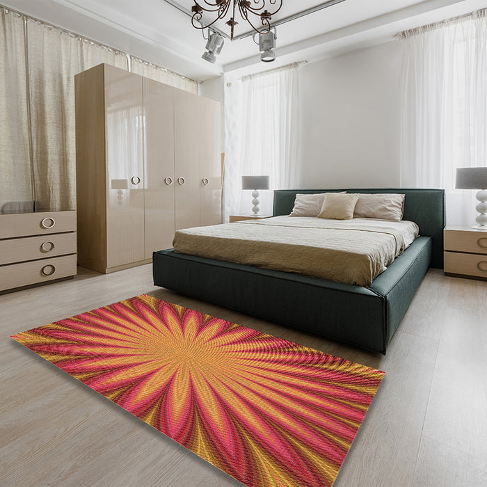 Patterned Neon Orange Rug in a Bedroom, pat2687org