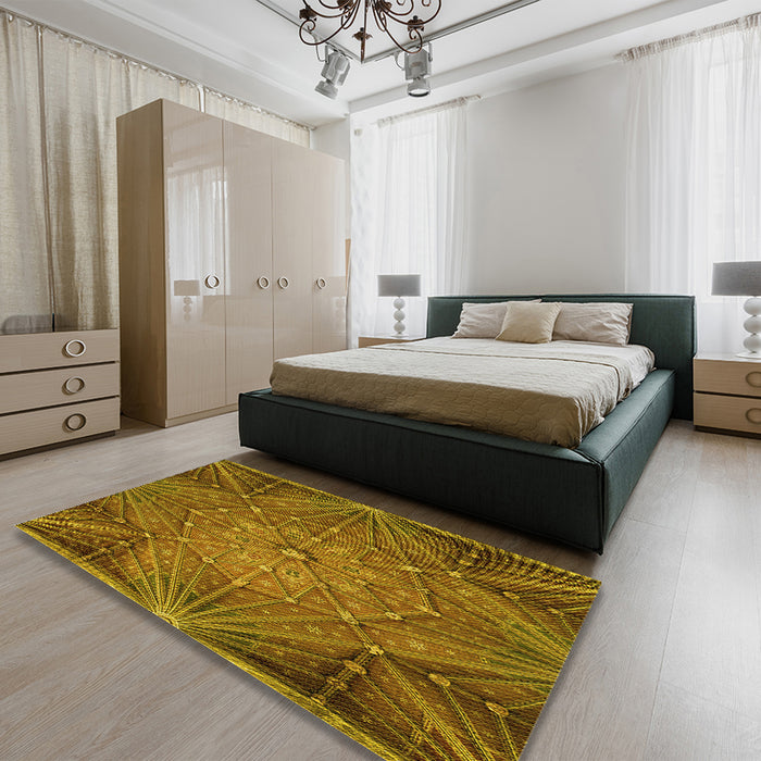 Patterned Dark Bronze Brown Rug in a Bedroom, pat2688yw