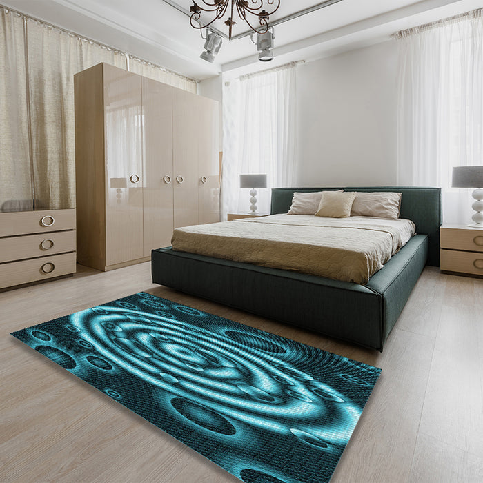 Patterned Dark Turquoise Green Rug in a Bedroom, pat269lblu