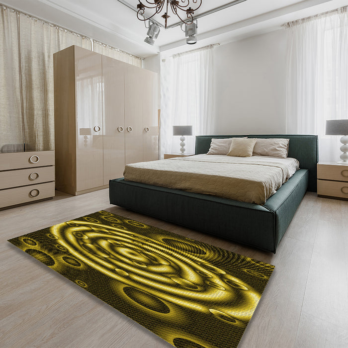 Patterned Black Brown Rug in a Bedroom, pat269yw