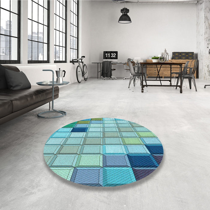 Round Patterned Deep-Sea Green Rug in a Office, pat2690lblu