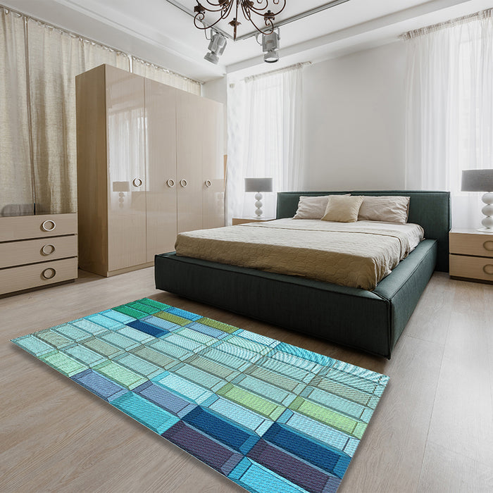 Patterned Deep-Sea Green Rug in a Bedroom, pat2690lblu