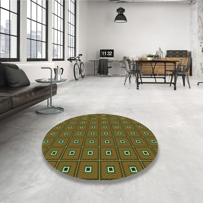 Round Patterned Dark Yellow Green Rug in a Office, pat2701grn
